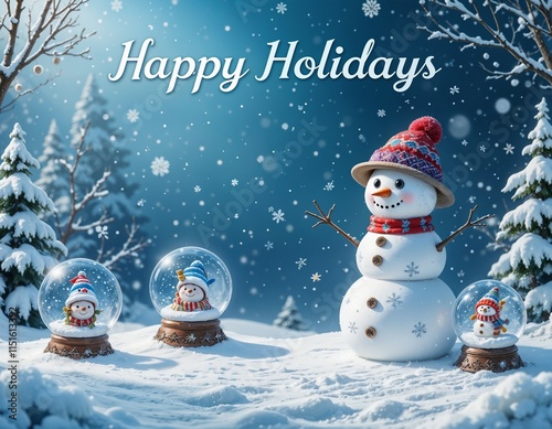 Cheerful Festive Snowman with Holiday Decorations Against Snowy Winter Background with Copy Space