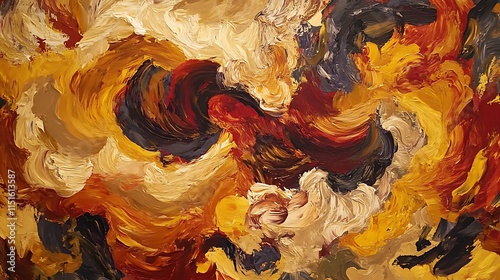 Abstract painting with swirling, textured brushstrokes in warm colors