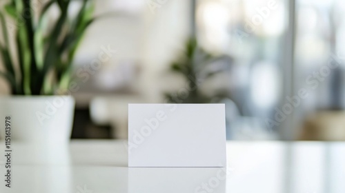 White blank business cards on a white office table with a green plant in the background photo