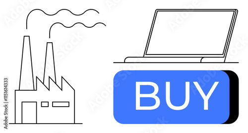 Factory with smokestacks, laptop, and large blue Buy button. Ideal for e-commerce, industrial sales, online shopping, manufacturing, digital transactions, product purchase, supply chain. Line