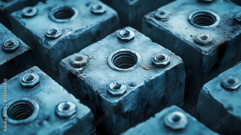 Close-up of concrete cinder blocks with bolts on a blue-toned surface. Cinder. Illustration Close-up of concrete cinder blocks with bolts on a blue-toned surface. Cinder. Illustration