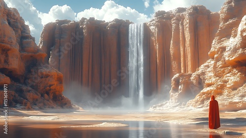 Red robed figure stands before a desert waterfall photo