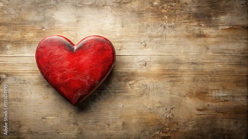 Rustic Red Wooden Heart on Weathered Planks Background