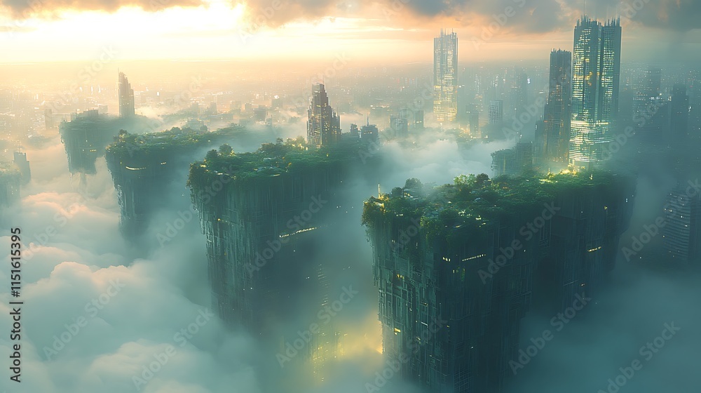 Naklejka premium Futuristic City Towers Above Cloudscape At Sunset