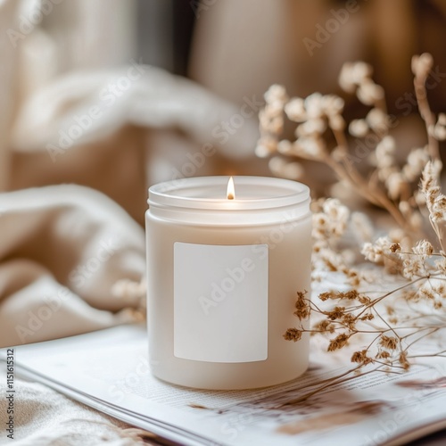 Burning candle, natural wax in transparent glass jar in light interior, white label mockup. Candle jar with empty sticker template. Homemade candle with Easter holiday decorated background