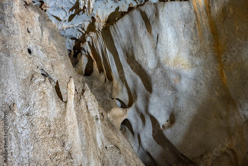 Interior of the large hall of old Karain cave, hidden in Mediterranean region. Confirms human habitation since the early Paleolithic age between 150,000 and 200,000 years ago.Yagca, Antalya, Turkey. photo