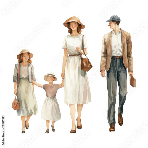 A watercolor painting depicts a family of four, a mother, father, and two daughters,  happily strolling together outdoors.