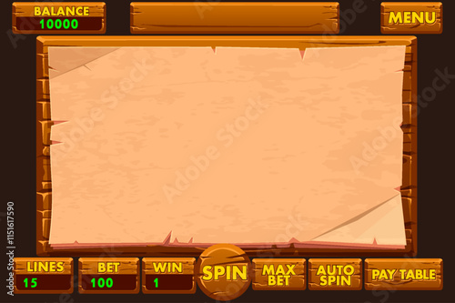 The wooden game user interface is cartoon-style with basic buttons for your Game development. Casino slot machine game UI design. Gambling mobile app concept for the Casino or 2D Game