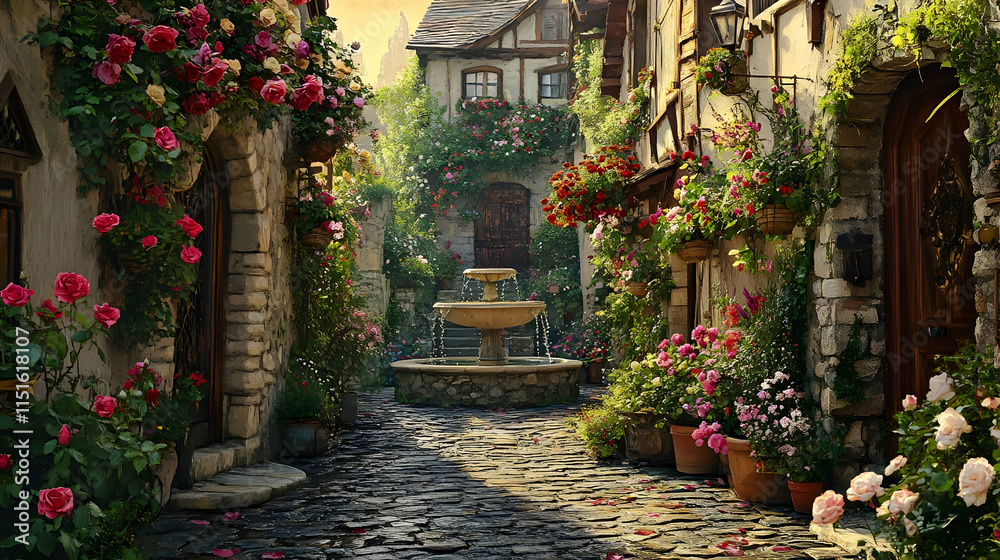 Charming Stone Street with Roses and Fountain
