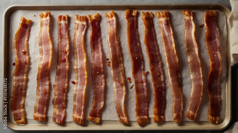 A top-down view of raw bacon slices laid out in rows on a parchment-lined baking tray, with spices A top-down view of raw bacon slices laid out in rows on a parchment-lined baking tray, with spices