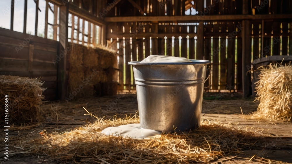 A milk bucket rests on the hay-covered barn floor, with sunlight pouring through the slats. A milk bucket rests on the hay-covered barn floor, with sunlight pouring through the slats.