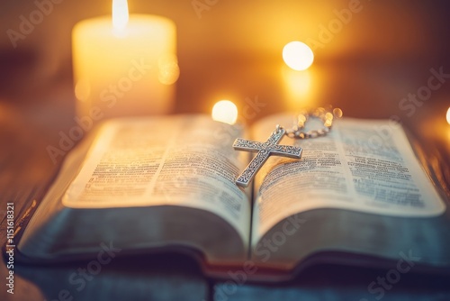 A cross necklace on a Bible holy book.