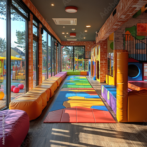 A children's play area with a mini soccer field and foam barriers photo