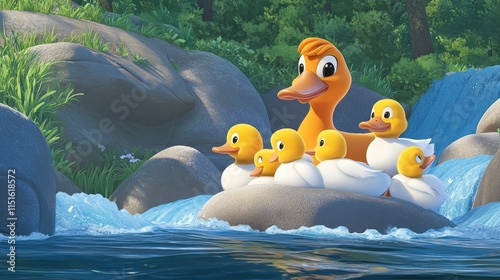 Mother Duck and Ducklings by a Waterfall