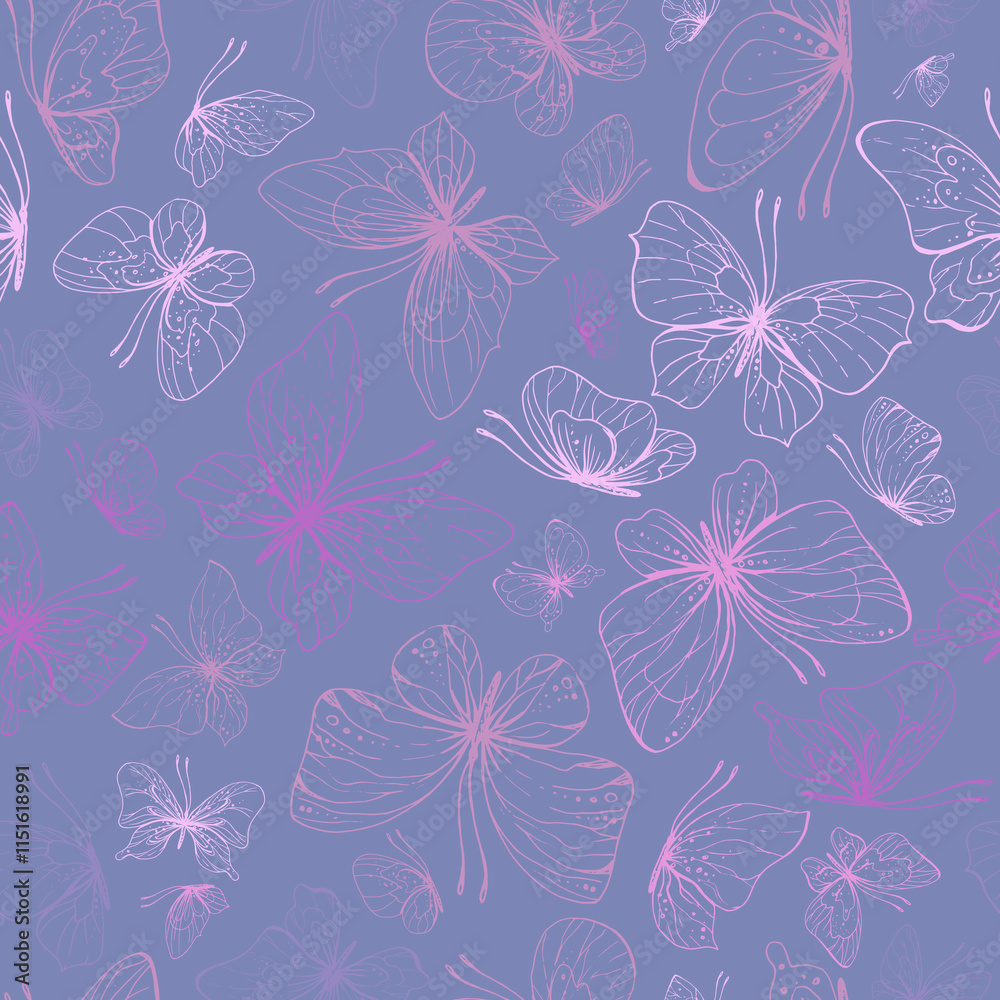 Fototapeta premium Butterflies are pink, blue, lilac, flying, delicate line art, clip art. Graphic illustration hand drawn in pink, lilac ink. Seamless pattern on a lilac background EPS vector.