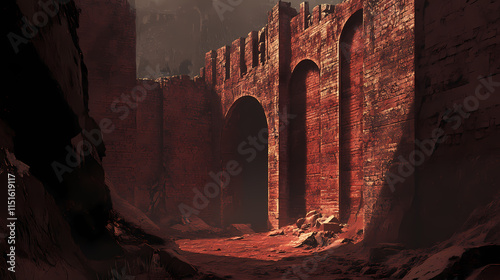 A sweeping view of an aged red brick masonry wall. Cinder. Illustration photo