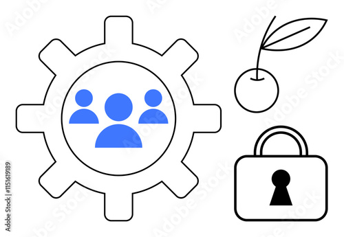 Gear with blue people icons, cherry with leaves, and a lock with a keyhole. Ideal for teamwork, growth, security, collaboration, productivity development and protection themes. Line metaphor