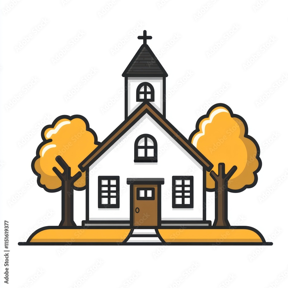 Fototapeta premium Simple illustration of a white church with autumn trees.