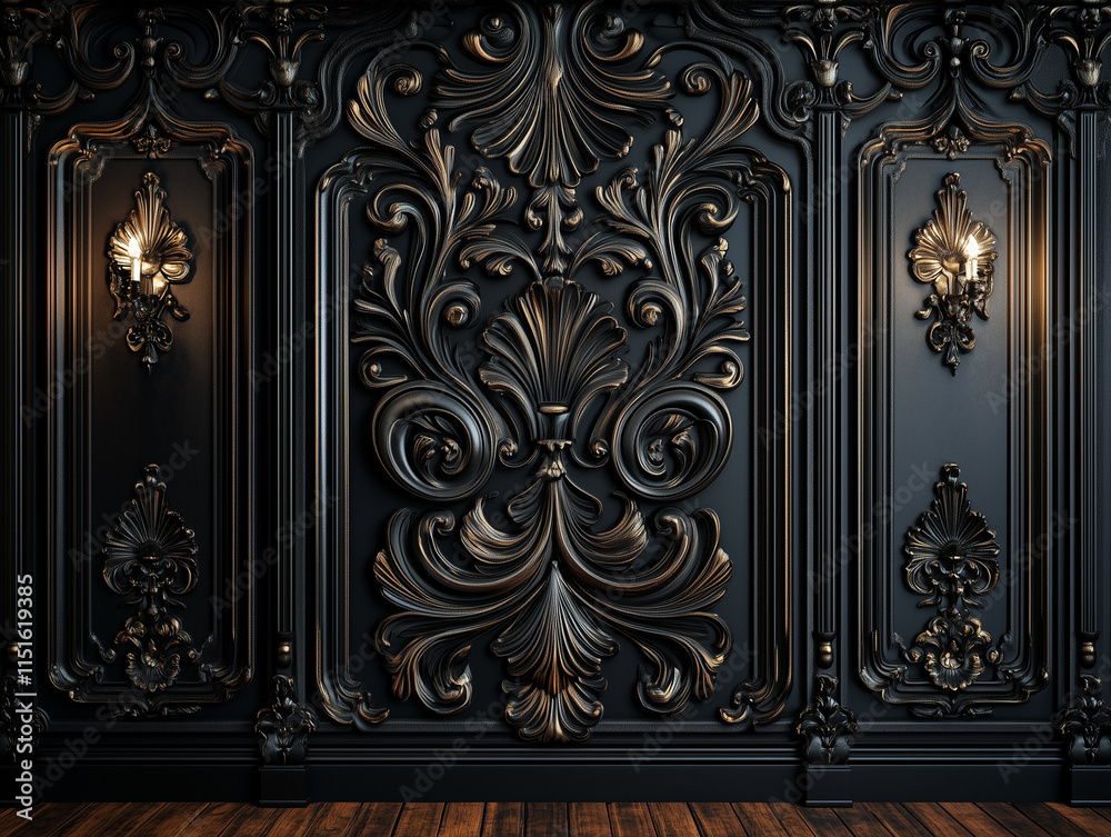 Black Luxury wall panel in classical style with sconces Black Luxury wall panel in classical style with sconces