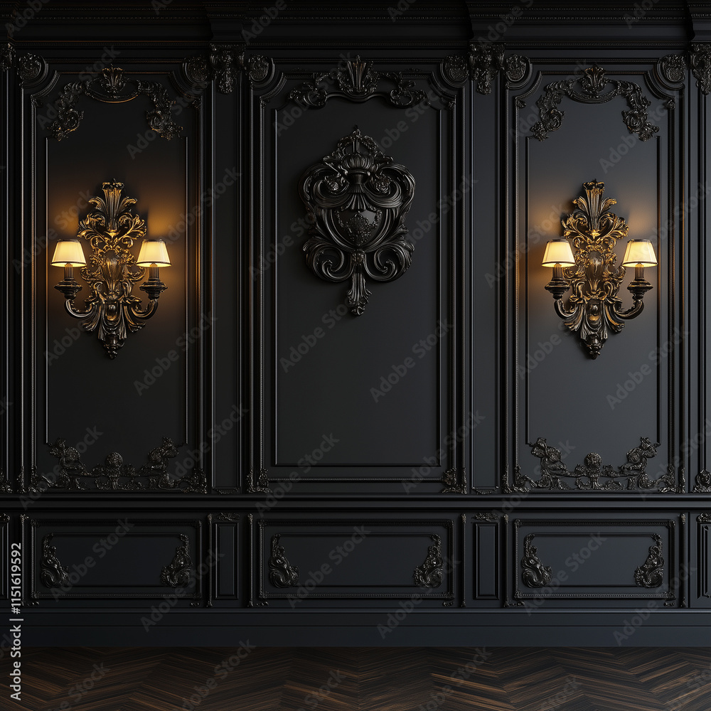 Black Luxury wall panel in classical style with sconces Black Luxury wall panel in classical style with sconces