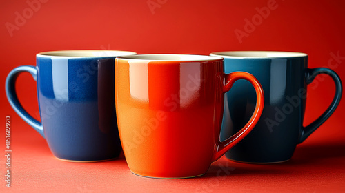 Three colorful mugs on red background.