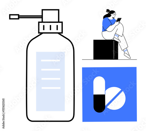 Medication bottle with a pump, pills on a blue square background, person reading a cell phone while sitting. Ideal for healthcare, pharmaceuticals, telemedicine, patient education, medical marketing