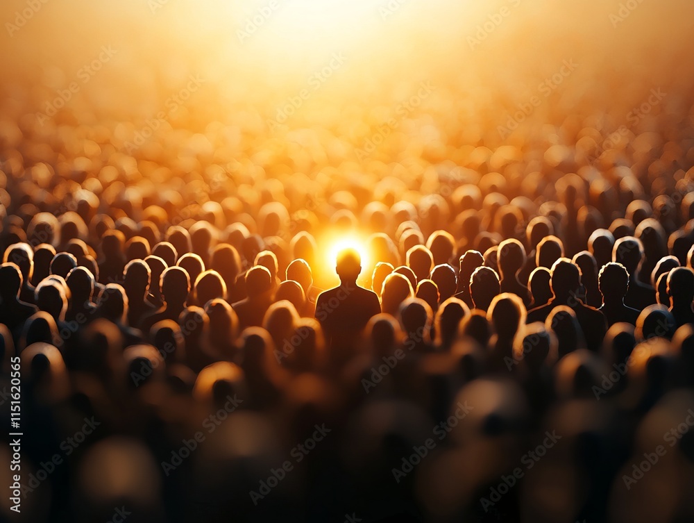 Fototapeta premium A solitary figure stands amidst a vast crowd, illuminated by a warm light, symbolizing individuality and hope in a sea of anonymity.