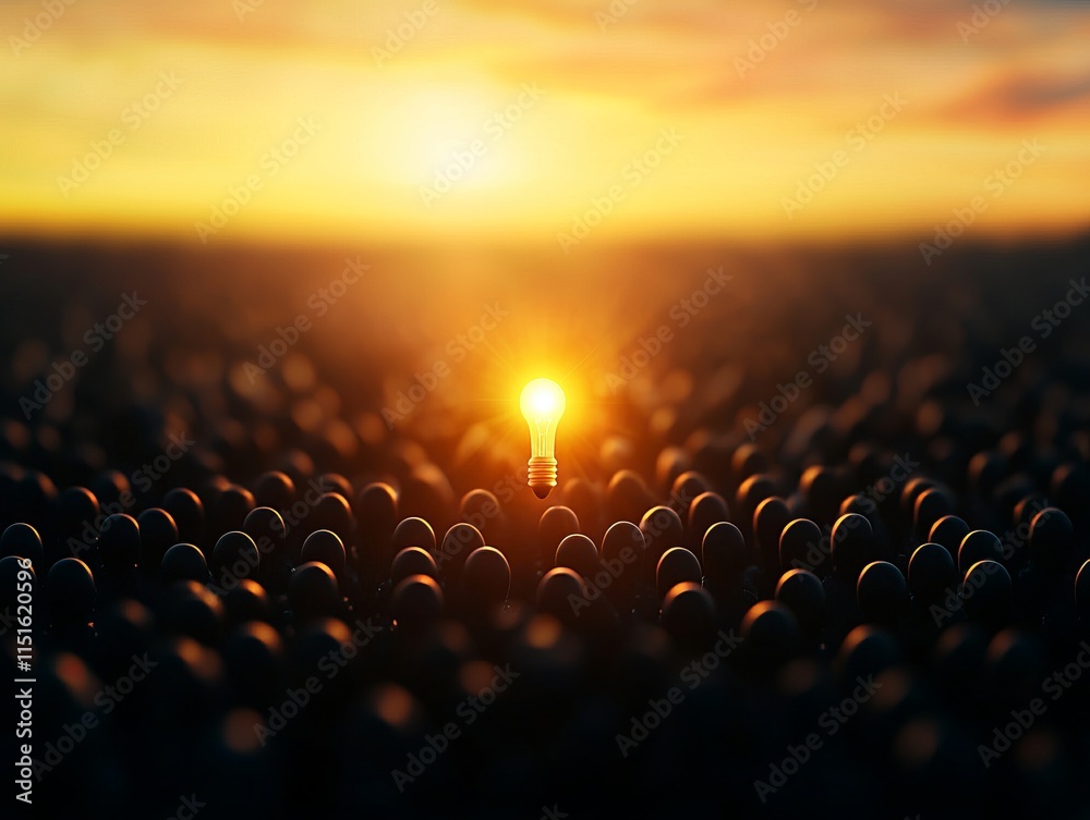 Obraz premium A glowing light stands out amidst a sea of dark spheres, symbolizing hope and inspiration against a vibrant sunset backdrop.
