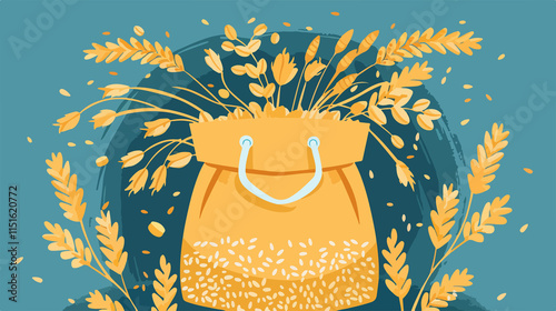 Organic Rye Bag with Grains and Ears of Grain Flat Vector Illustration