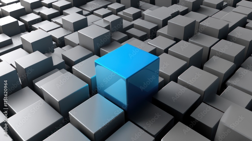 Unique Blue Cube Among Gray Cubes: Abstract 3D Render Unique Blue Cube Among Gray Cubes: Abstract 3D Render