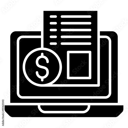 Laptop Bill Icon, Electronic Bill Payment With Lapatop Icon, Black And White Glyph Icon Symbol