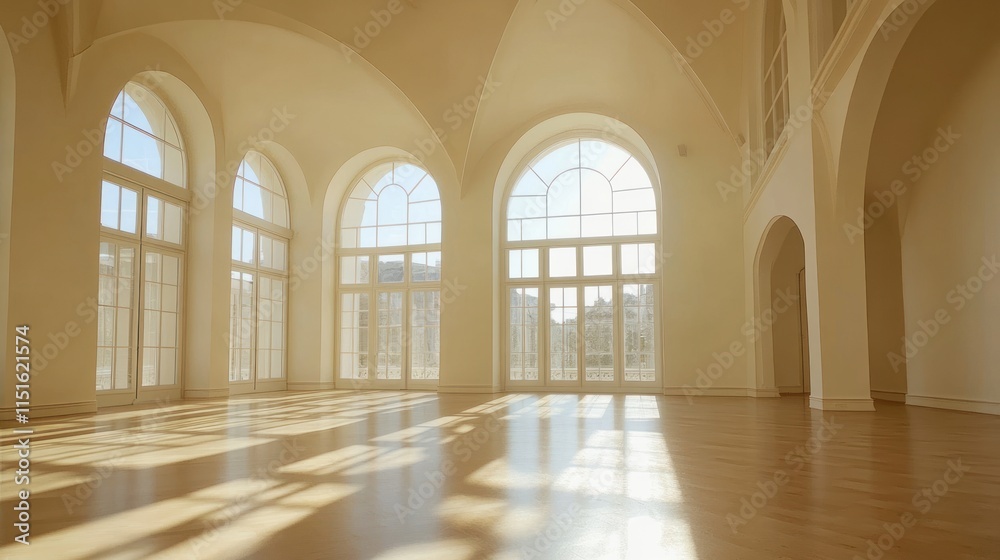Sunlit Grandeur: An Empty Hall Bathed in Golden Light Sunlit Grandeur: An Empty Hall Bathed in Golden Light