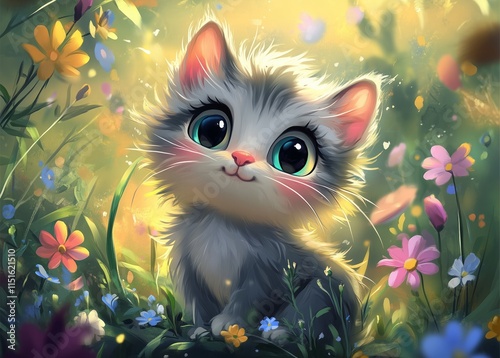 Adorable Kitten Amidst Blooming Flowers in a Sunlit Meadow