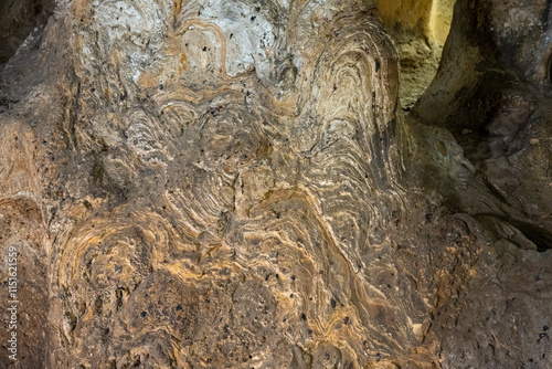 Interior of the large hall of old Karain cave, hidden in Mediterranean region. Confirms human habitation since the early Paleolithic age between 150,000 and 200,000 years ago.Yagca, Antalya, Turkey. photo