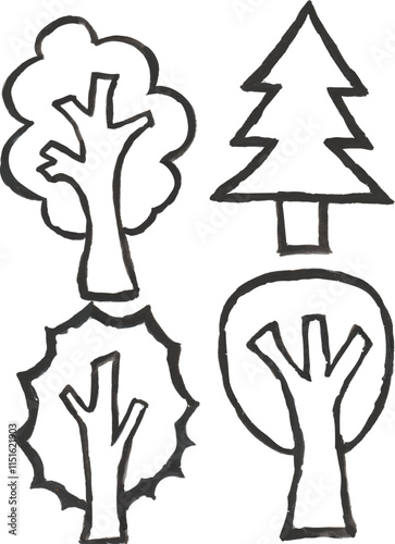 Trees hand drawn watercolour doodle clipart with isolated white background