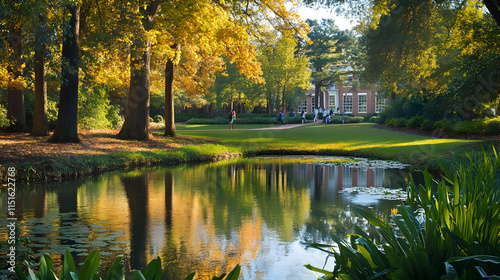 Serene Autumn Day at a College Campus: Picturesque Pond and Golden Trees