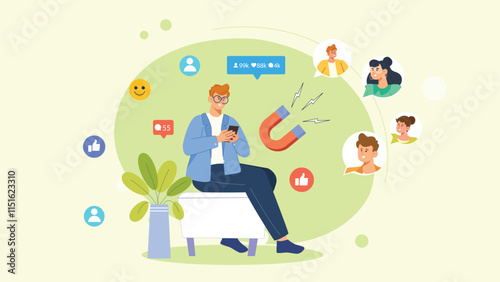 An illustration depicting audience growth and user engagement strategy, featuring a digital platform with graphs and analytics showing increasing user numbers and engagement metrics.