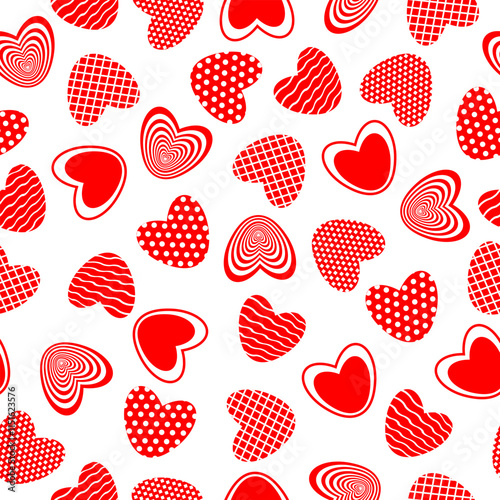 Seamless pattern with red hearts on white background. Design for fashion, fabric, textile, packaging paper, gift paper. Valentines day concept.