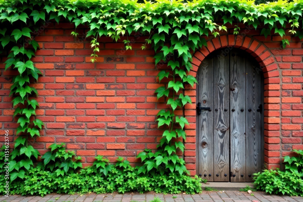Old red brick wall with ivy vines and a weathered wooden gate, architecture, gate Old red brick wall with ivy vines and a weathered wooden gate, architecture, gate