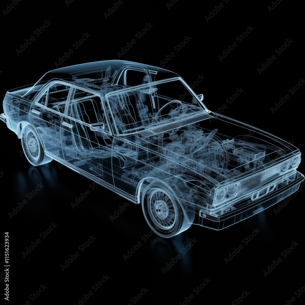 Naklejka premium 3D transparent view of retro car showcasing its internal components and design features