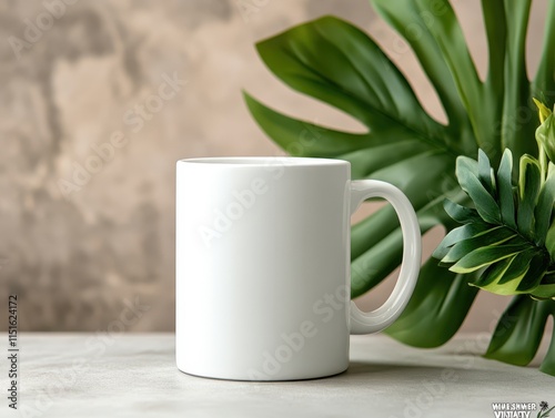 Blank white mug set against greenery for custom printing designs and templates photo