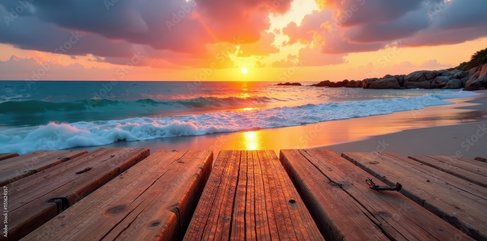 Fototapeta premium Smooth wooden plank laid on a beach at sunset, sand, water