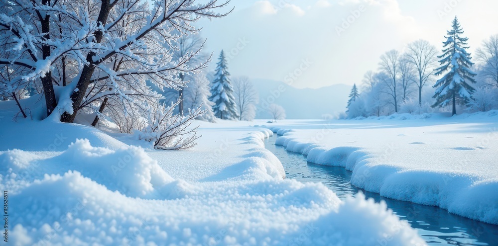 Obraz premium Snowy landscape with frosty blue ice and bare trees in the background, winter wonderland, frost, snow