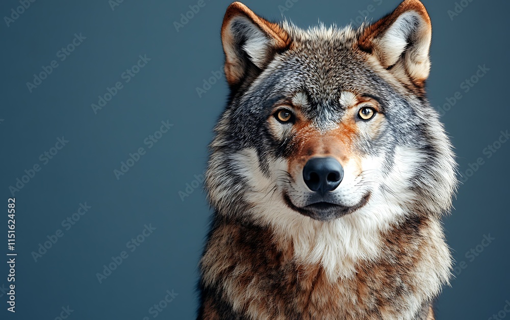 Fototapeta premium Close-up portrait of a wolf against a muted blue background.