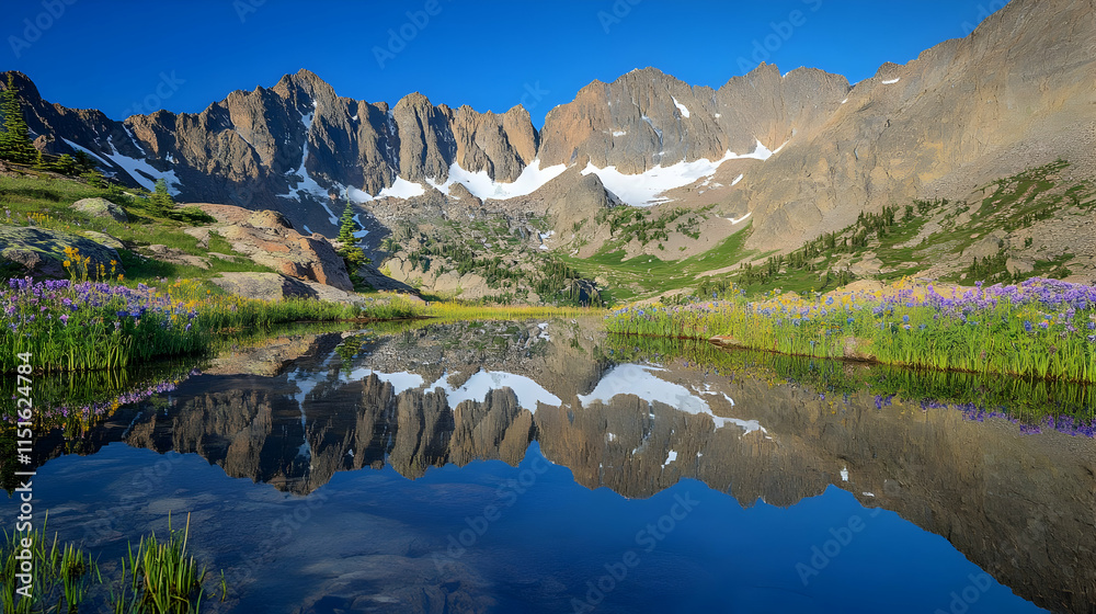Obraz premium Majestic Mountain Lake Reflection with Wildflowers