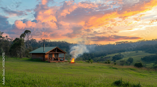 Charming Wooden Cabin in Vast Open Field Under a Colorful Sunset Sky photo