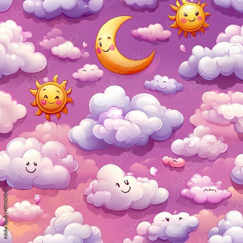 A seamless pattern of kawaii-style weather icons, including smiling suns, fluffy rain clouds, and crescent moons with rosy cheeks, all set against a soft gradient sky.  photo