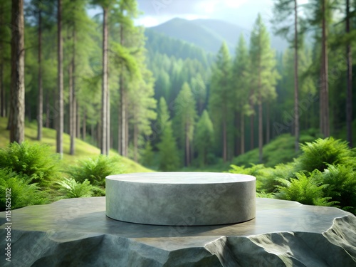 Stone display podium in lush green forest. Round stone podium set on a rock surface in a dense, green forest with tall trees and ferns, perfect for product presentation or branding photo