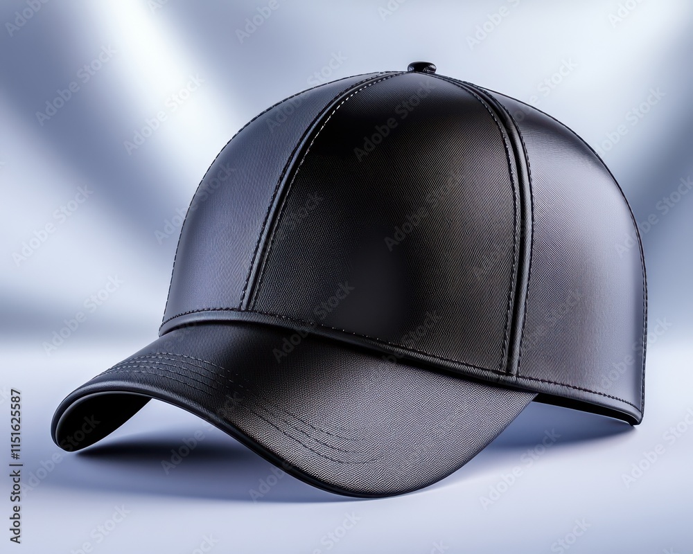 Detailed view of a black baseball cap captured from a top angle with soft lighting against a simple background Detailed view of a black baseball cap captured from a top angle with soft lighting against a simple background