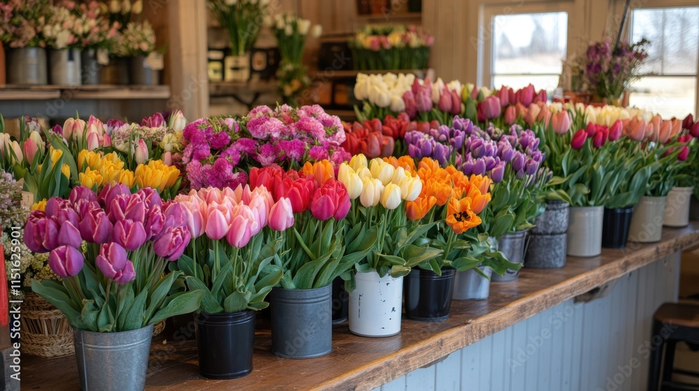 Colorful bouquets of tulips elegantly displayed on a florist's counter, showcasing the beauty and diversity of tulips